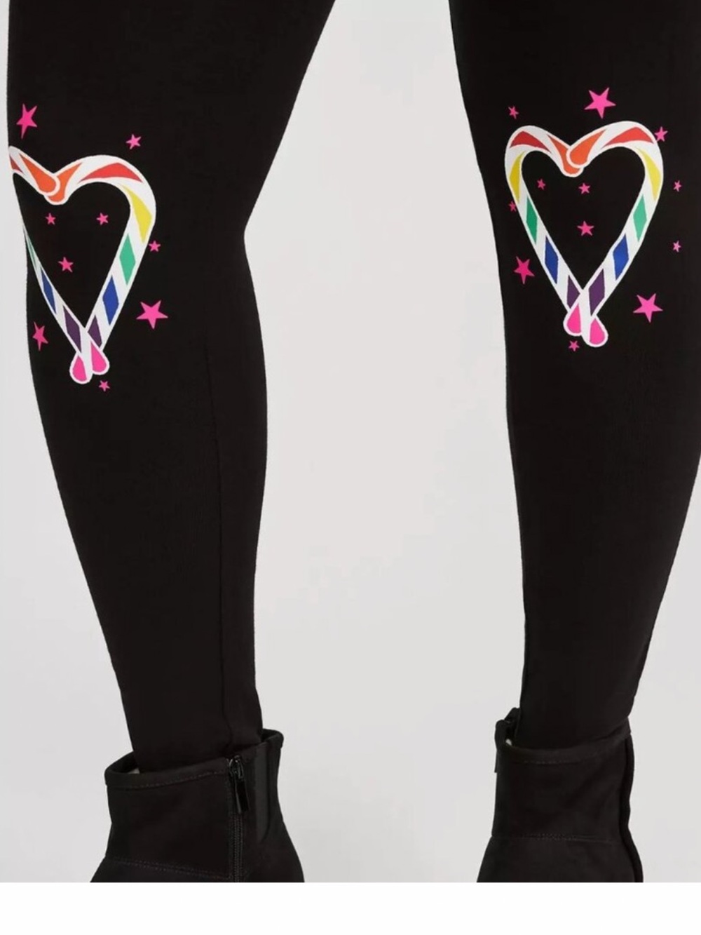 Torrid Black Leggings Christmas Candy Cane Rainbow Heart Stars on Knees 2X NWOT